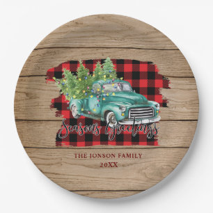 Retro Classic Rustic Wood Frohe Weihnachtswagen Pappteller