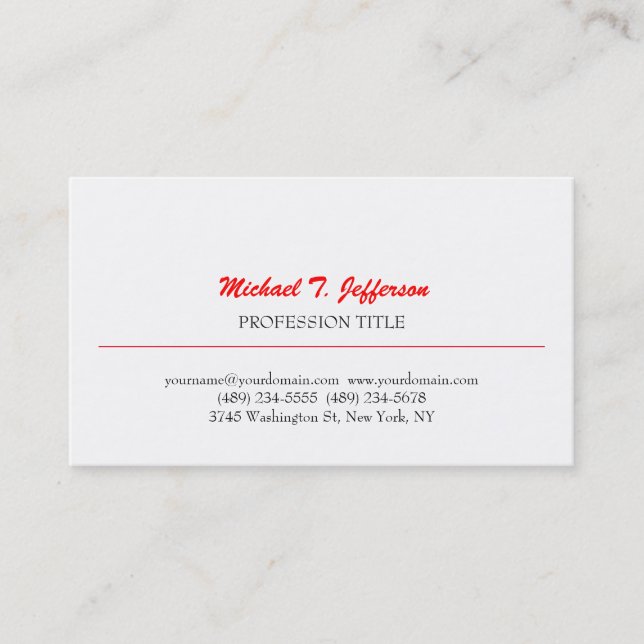 Retro Classical Elegante Schlicht Simple Red White Visitenkarte (Vorderseite)
