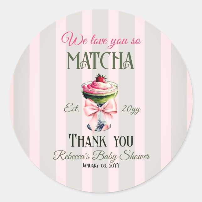 Retro Club Pink Bow Liebe Matcha Baby Dusche Runder Aufkleber (Vorderseite)
