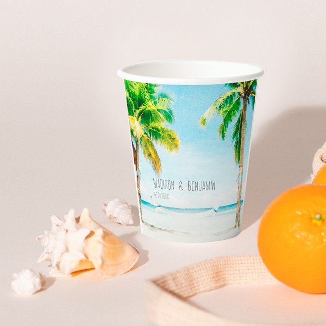 Retro Coastal Beach Palm Trees Tropical Wedding Pappbecher (Von Creator hochgeladen)