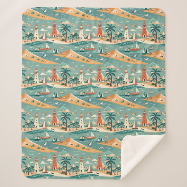 Retro Coastal Lighthouse Sherpa Blanket Sherpadecke (Vorderseite)