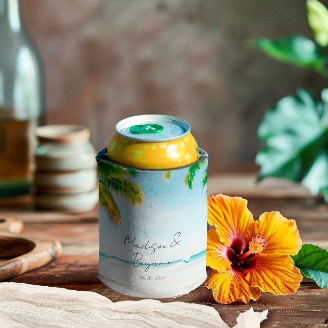 Retro Coastal Tropical Beach Hochzeit Personalisie Dosenkühler (Von Creator hochgeladen)