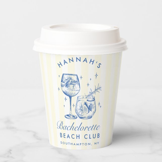 Retro-Cocktail Bachelorette Blau & Gelb Streifen Pappbecher (Vorderseite)