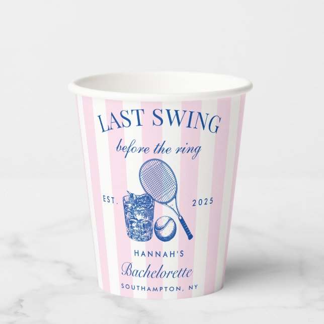 Retro-Cocktail Bachelorette Blau & Rosa Streifen Pappbecher (Vorderseite)