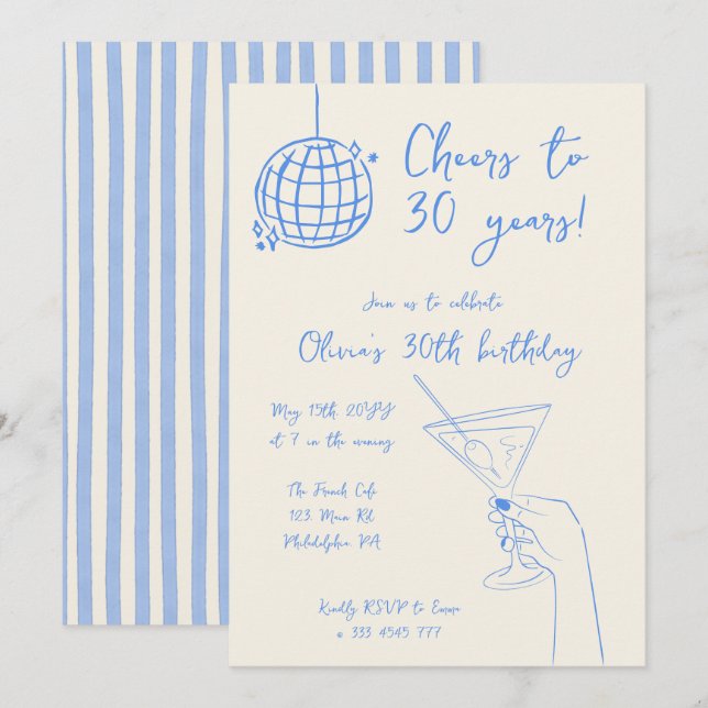 Retro Cocktail Birthday Party striped invitation (Devant / Derrière)