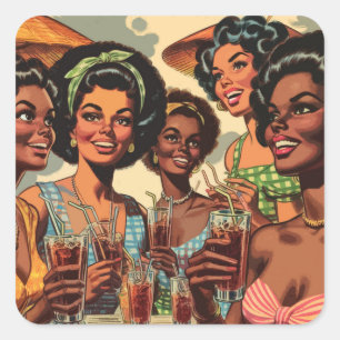 Retro Cocktail Party Girls Quadratischer Aufkleber