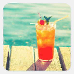 Retro-Cocktail-Sonnenuntergang-Poolbar Quadratischer Aufkleber