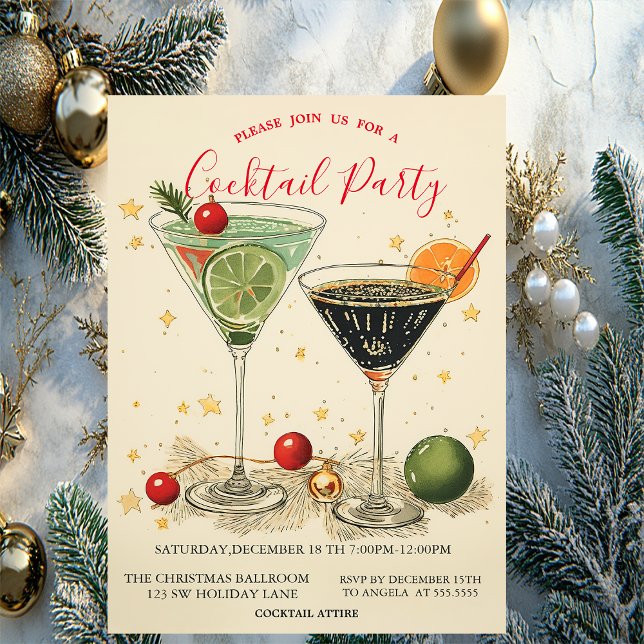 Retro Cocktails Stars Grün Weihnachten Einladung (Von Creator hochgeladen)