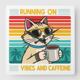 Retro Coffee Cat Vibes - Funny Caffeine Lover Quadratische Wanduhr
