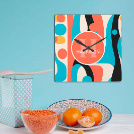 Retro Colorful Abstract Pattern with Monogram  Quadratische Wanduhr