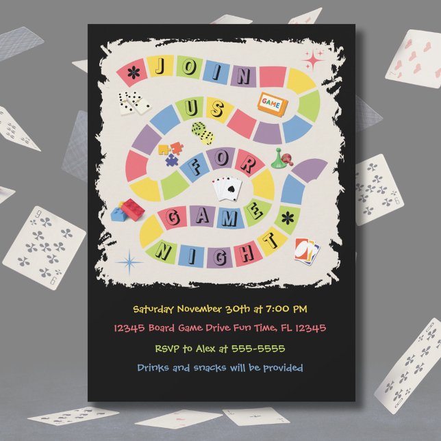 Retro Colorful Board Game Night Invitation (A dynamic, high-energy view of the retro board game invitation surrounded by falling playing cards)