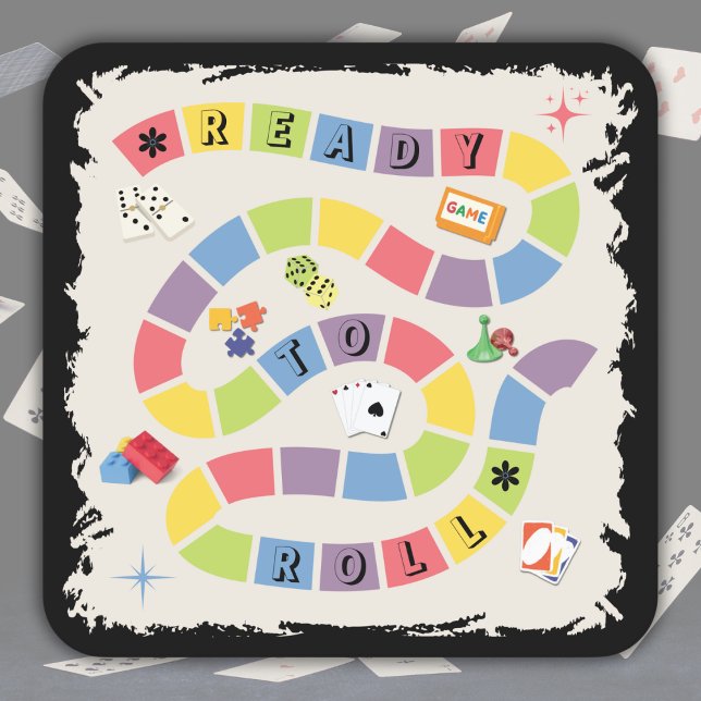 Retro Colorful Board Game Night Rechteckiger Pappuntersetzer (Add a playful touch to your tabletop with our "Ready to Roll" retro coasters!)