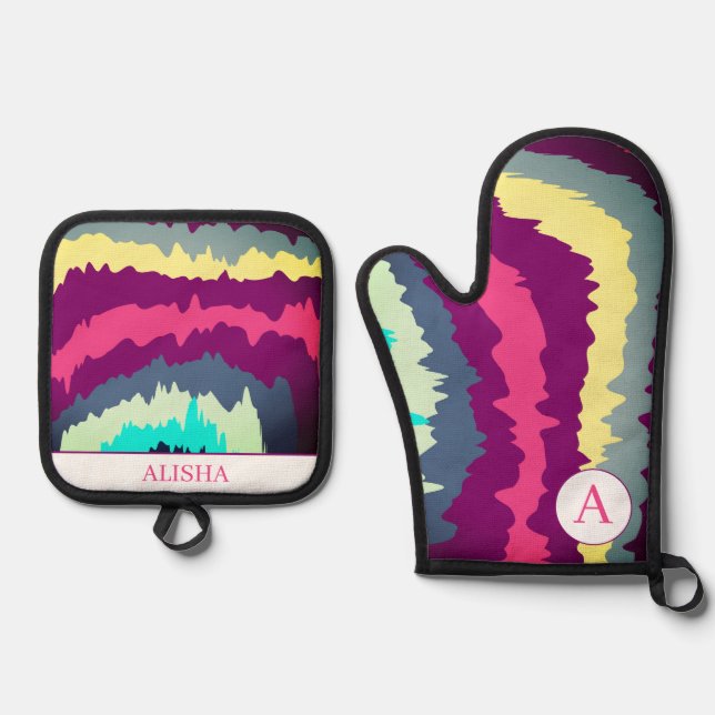 Retro Colorful Curvy Ofenhandschuh & Topflappen-Set (Vorderseite)