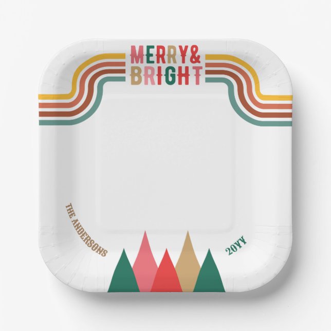 Retro Colorful Merry Bright Weihnachten Party Pappteller (Vorderseite)