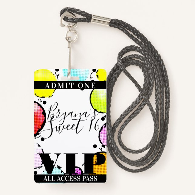 Retro Comic Balloons Sweet 16 Party VIP Pass Ausweis (Vorderseite mit Schlüsselband)
