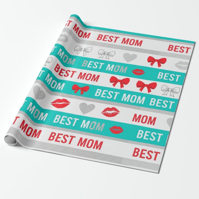 Retro-Comic-Beste-Mutter-Herzen-Lippen-Schleife Geschenkpapier (Ungerollt)