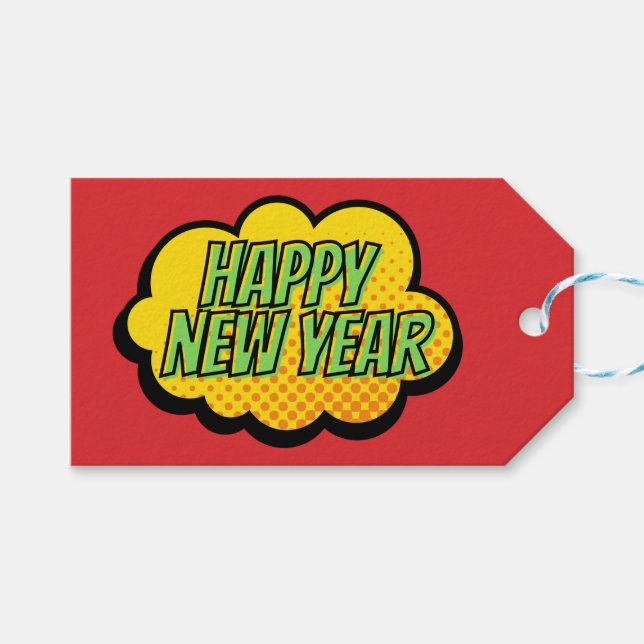 Retro Comic Book Style Happy New Year Geschenkanhänger (Vorderseite (Horizontal))