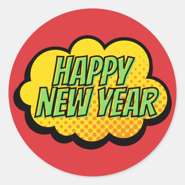 Retro Comic Book Style Happy New Year Runder Aufkleber (Vorderseite)