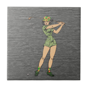 Retro-Comic-Dame-Golferin Fliese