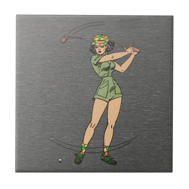 Retro-Comic-Dame-Golferin Fliese (Vorderseite)