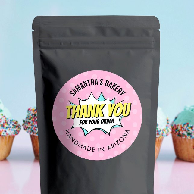 Retro Comic Fun Pink Bäckerei Vielen Dank für Ihre Runder Aufkleber (Add the finishing touch to your products & packages with these retro Business Thank You Stickers)