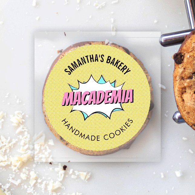 Retro Comic Pop Kunst, Dichtung und Musik Runder Aufkleber (Colorful and fun bakery labels with comic style design - great for cookies, cupcakes, cakes and more)