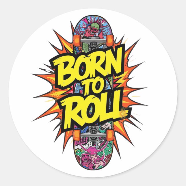 Retro Comic Style "Born to Roll" Skater Runder Aufkleber (Vorderseite)