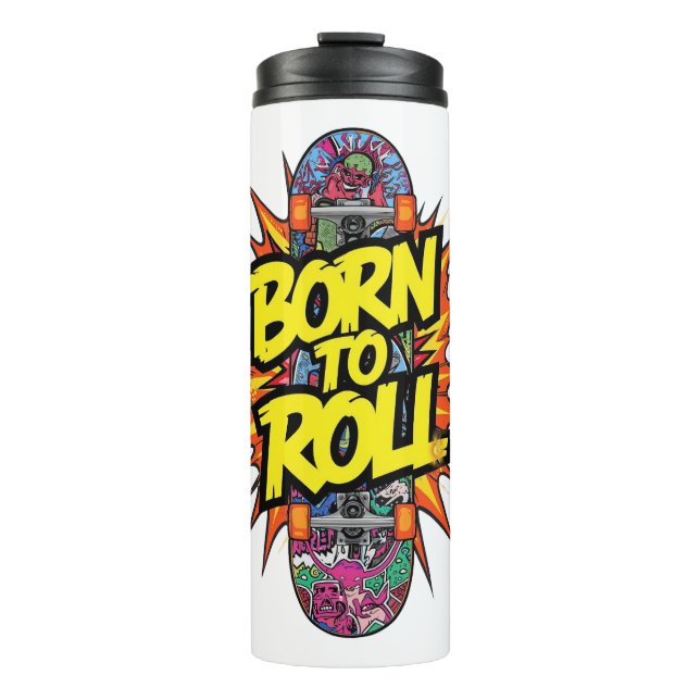 Retro Comic Style "Born to Roll" Skater Thermosbecher (Vorderseite)