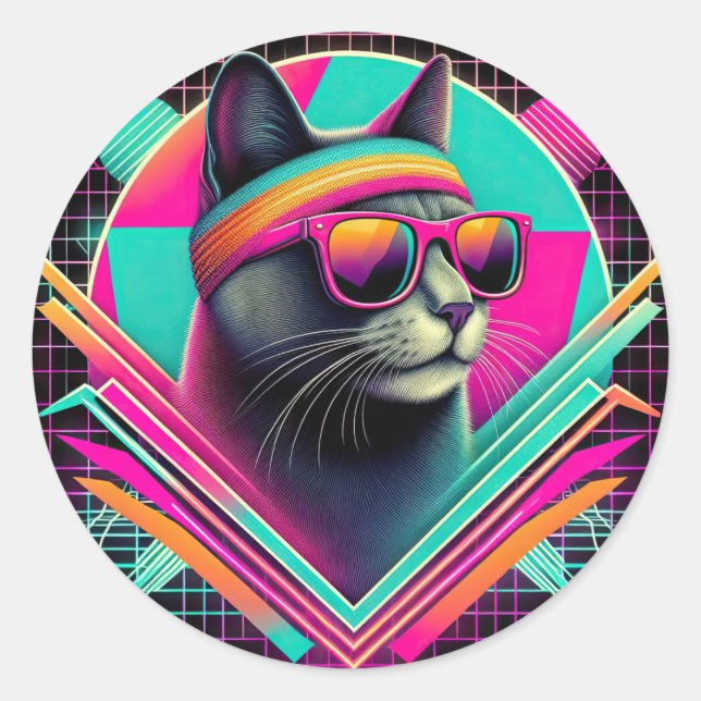 Retro Coole Katze Runder Aufkleber (Vorderseite)