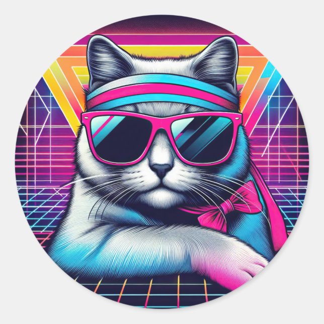 Retro Coole Katze Runder Aufkleber (Vorderseite)