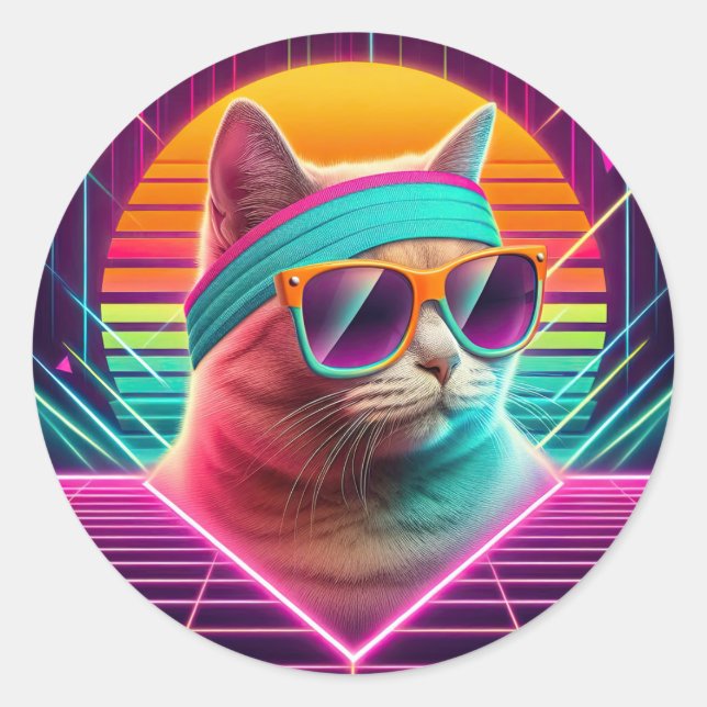 Retro Coole Katze Runder Aufkleber (Vorderseite)