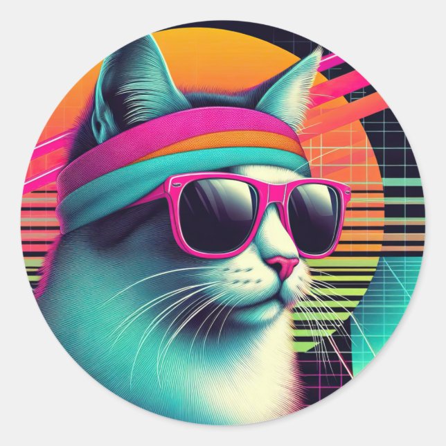 Retro Coole Katze Runder Aufkleber (Vorderseite)