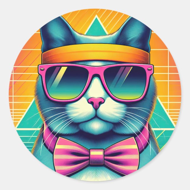 Retro Coole Katze Runder Aufkleber (Vorderseite)