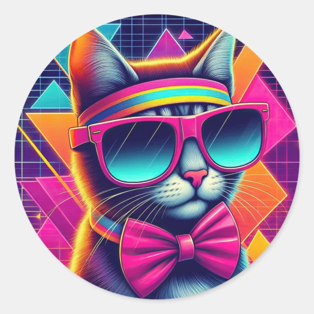 Retro Coole Katze Runder Aufkleber (Vorderseite)