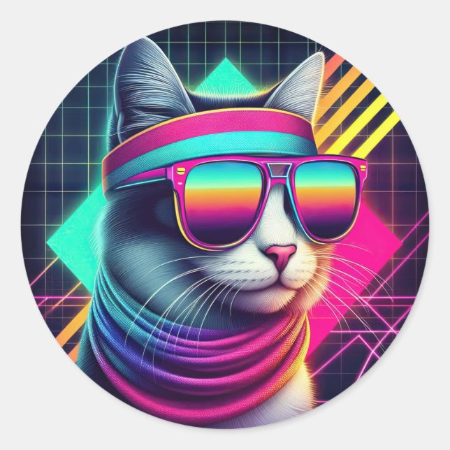 Retro Coole Katze Runder Aufkleber (Vorderseite)