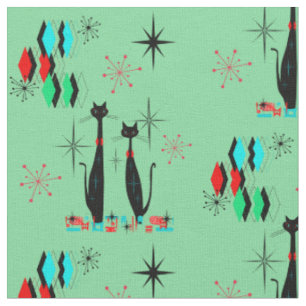 Retro Coole Katzen & Sternexplosionen Mitte Jahrhu Stoff