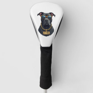 Retro cooler Pitbull mit Sonnenbrille und Goldkett Golf Headcover