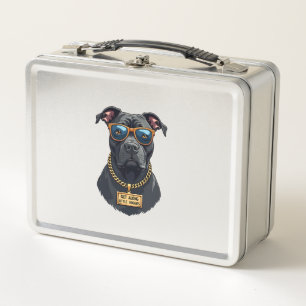 Retro cooler Pitbull mit Sonnenbrille und Goldkett Metall Brotdose