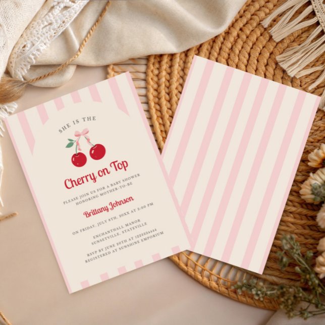 Retro Coquette Cherry auf Top Girl Baby Dusche Einladung (Von Creator hochgeladen)