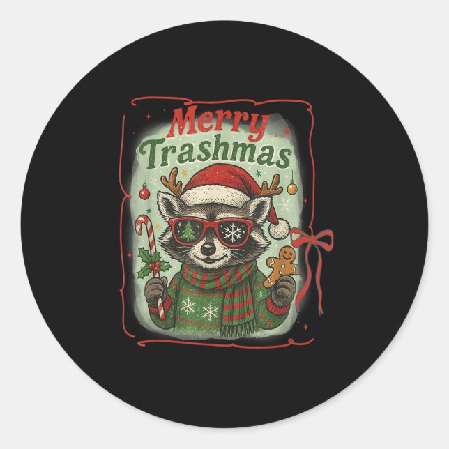 Retro Coquette Merry Trashmas Raccoon Weihnachts C Runder Aufkleber (Vorderseite)