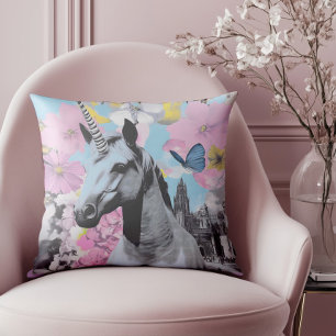 Retro Coquette Pink und Blue Unicorn Collage Kissen