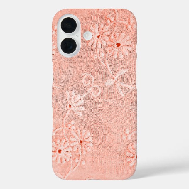 Retro Coral Eyelet Floral Design iPhone 16 Hülle (Rückseite)