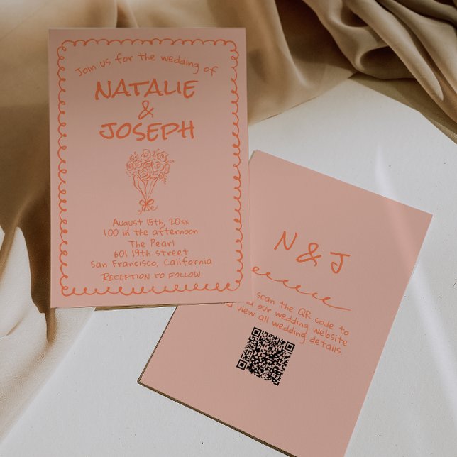 Retro Coral Hand Drawn QR Code Quirky Wedding Einladung (Von Creator hochgeladen)