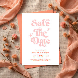 Retro Coral Pink Groovy Script Sommerhochzeit Save The Date