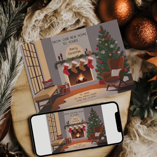 Retro Cosy Christmas Living Room Moving Ankündigung (Retro Cozy Christmas Monogram Stockings Card .. Holiday Moving Announcement by Darling & May)