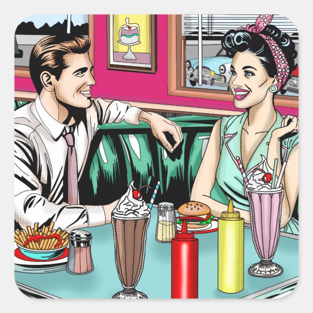 Retro-Couple aus den 50er Jahren bei Diner Blank Quadratischer Aufkleber (Vorderseite)