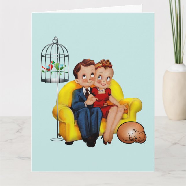 RETRO COUPLE avec chat HAPPY ANNIVERSARDS CARTES (Devant)