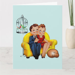 RETRO COUPLE avec chat HAPPY ANNIVERSARDS CARTES