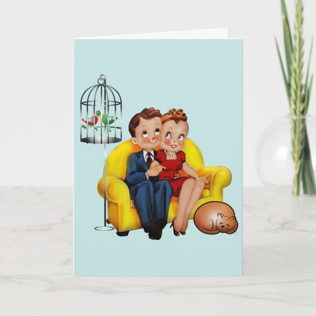 RETRO COUPLE avec chat HAPPY ANNIVERSARDS CARTES (Devant)