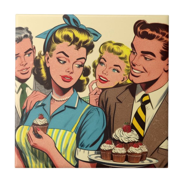 Retro Couple Cupcake Comic Fliese (Vorderseite)